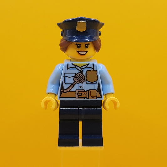Police Officer Female Bright Light Blue Shirt With Badge And Radio Dark Blue Legs Blue Police Hat Minifigure Lego cty1146