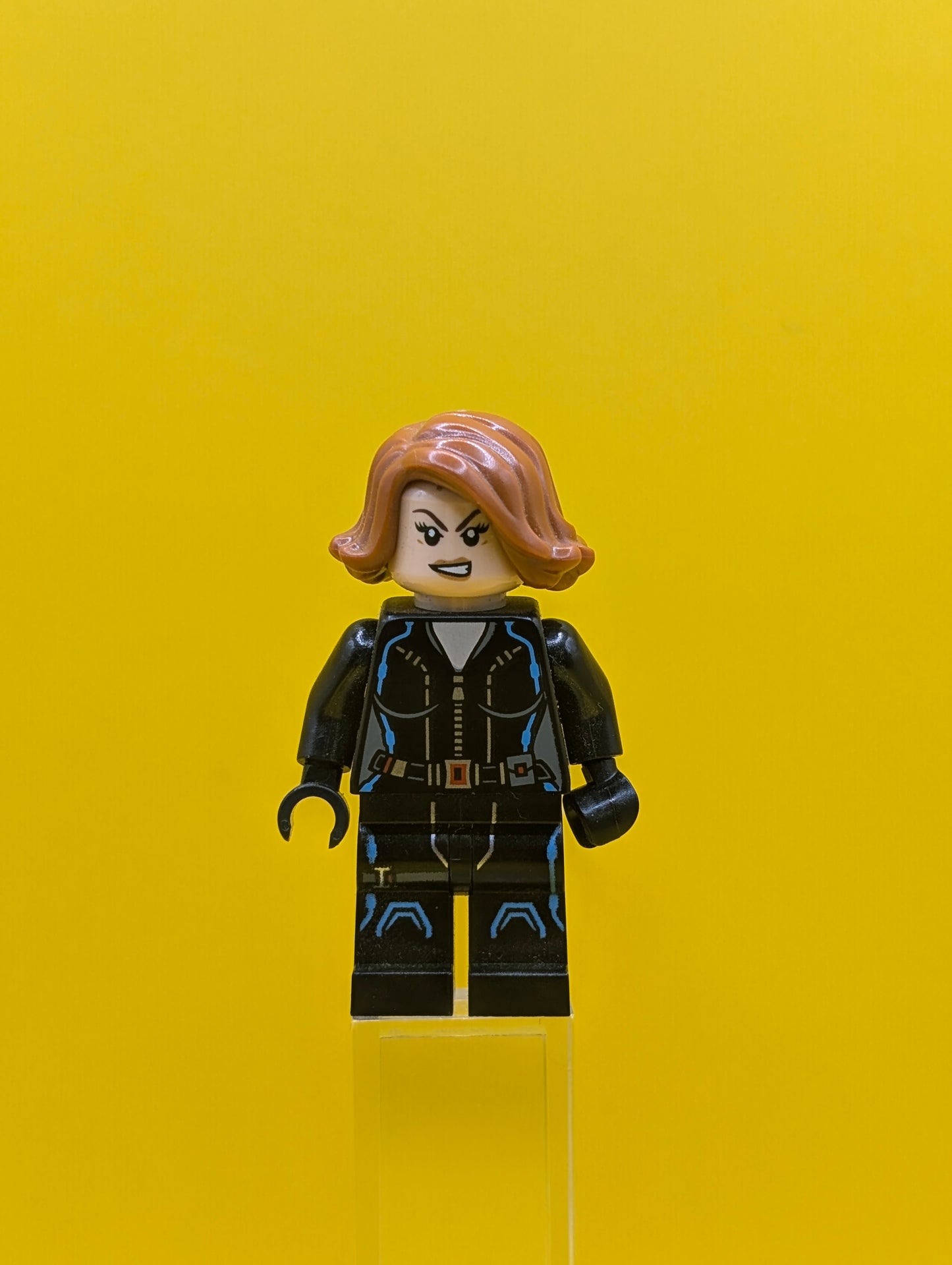 Black Widow sh0186 Black Jumpsuit Dark Orange Short Hair  Printed Legs Dark Azure Trim Superhero Minifigure Lego