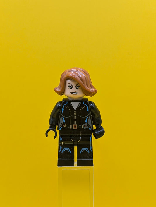 Black Widow sh0186 Black Jumpsuit Dark Orange Short Hair  Printed Legs Dark Azure Trim Superhero Minifigure Lego